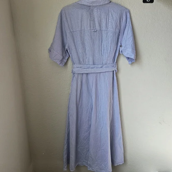 Zara Womens Blue White Striped Sz Small Buttom Collar Belted Shirt Dress - Picture 2 of 16